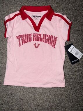True Religion Pink Polo Top with Red Trim and Logo